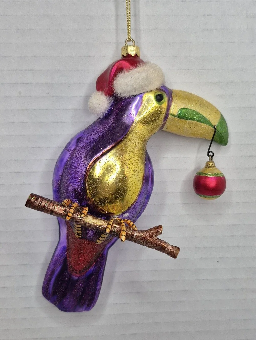 Colorful Christmas Toucan Bird with Santa Hat and Ball Ornament NWOT